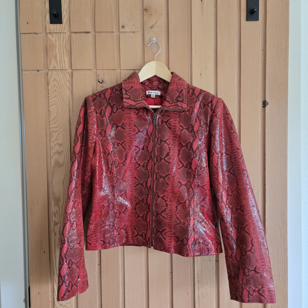 VINTAGE | Genuine Leather Snake Skin Embossed Red Jacket | Size 10 | Moto Style